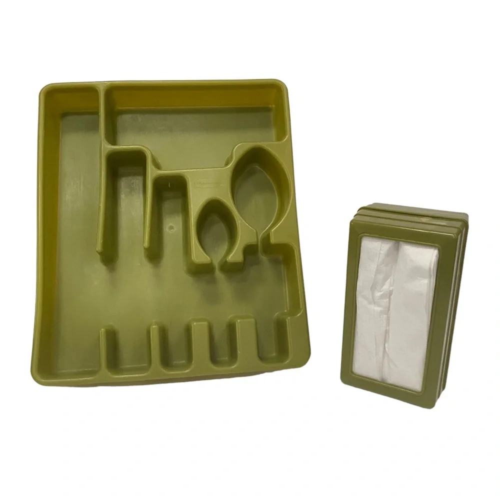 Vtg 70s Avocado Green Rubbermaid Utensil Holder Tray 2922 & Napkin Holder